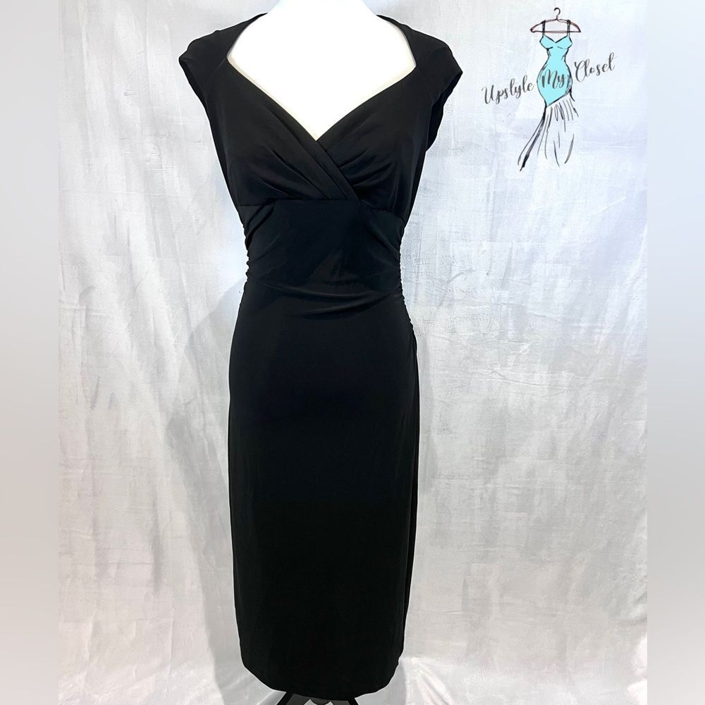 Anne Klein V-neck wrap top black midi dress size 10